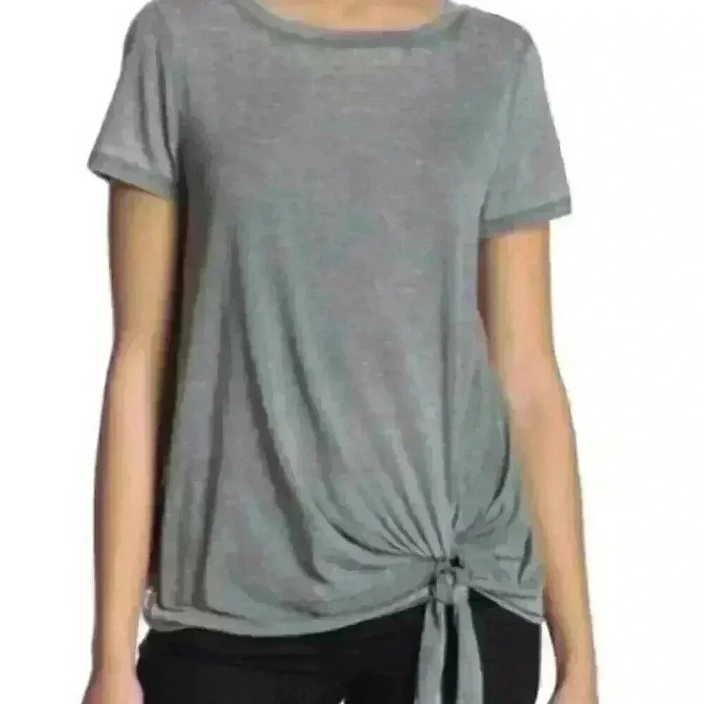 Susina Womens Grey Burnout Short Sleeve Tie Front Knot T-Shirt Size M
